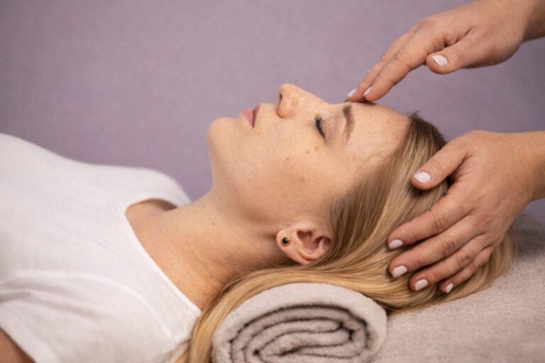 Woman in a white blouse receiving a relaxing head and forehead massage while lying on a treatment table.